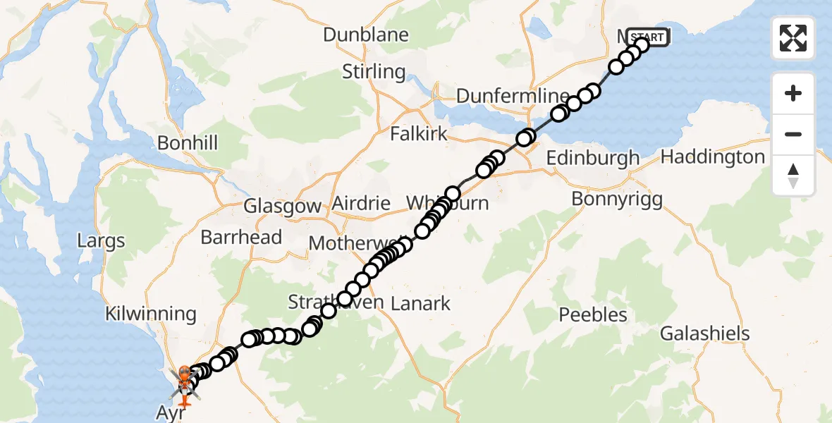 Flight route Coastguard Helicopter Methil - Glasgow Prestwick Airport, 20 May 2026, 09:12
