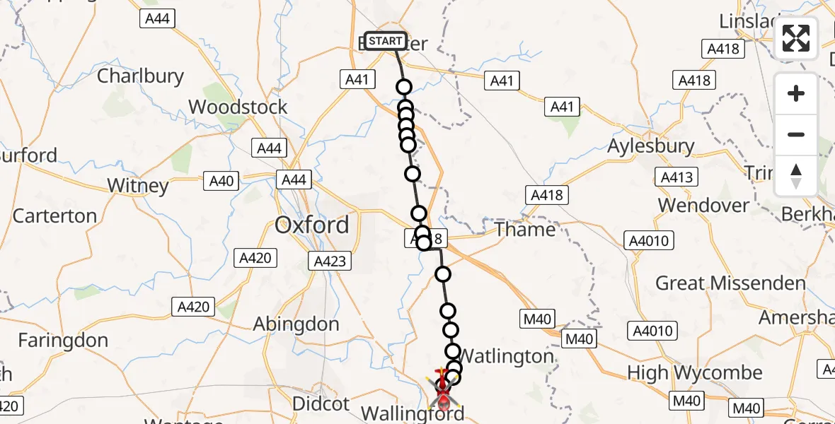Flight route Air Ambulance Helicopter Bicester - RAF Benson, 20 May 2026, 09:14