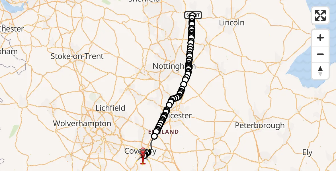 Flight route Air Ambulance Helicopter Retford Gamston Airport - Coventry Airport, 20 May 2026, 09:22