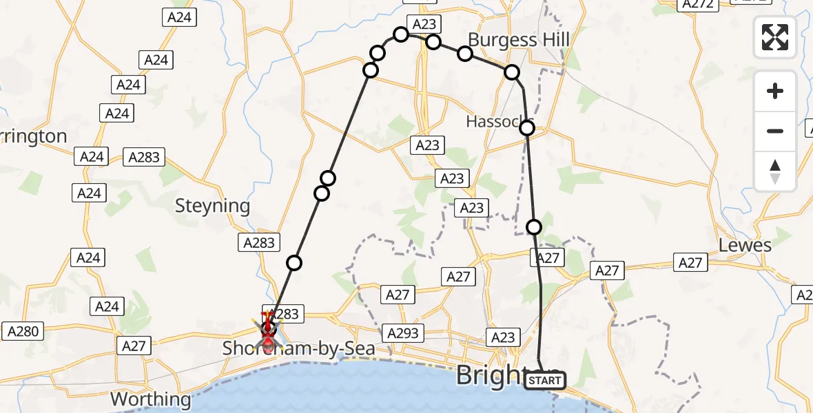 Flight route Air Ambulance Helicopter Brighton - Brighton City Airport, 20 May 2026, 09:26