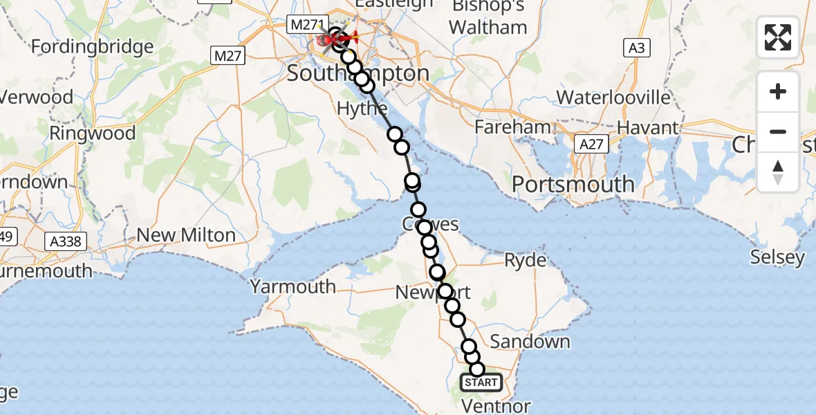 Flight route Air Ambulance Helicopter Wroxall - University Hospital Southampton, 20 May 2026, 09:31