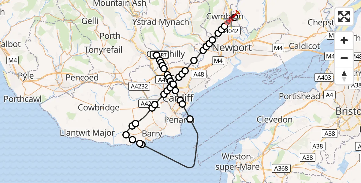 Flight route Air Ambulance Helicopter Hendredenny - Grange University Hospital Heliport, 20 May 2026, 09:40