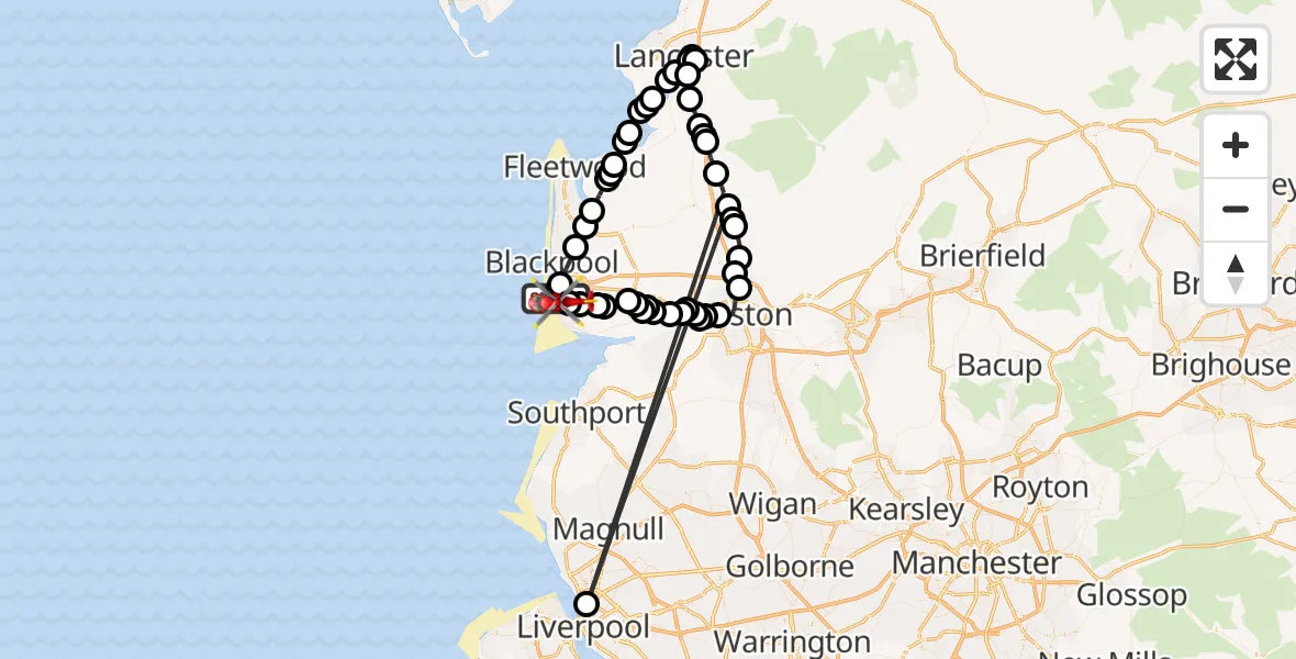Flight route Air Ambulance Helicopter Blackpool Airport - Blackpool Airport, 20 May 2026, 09:50