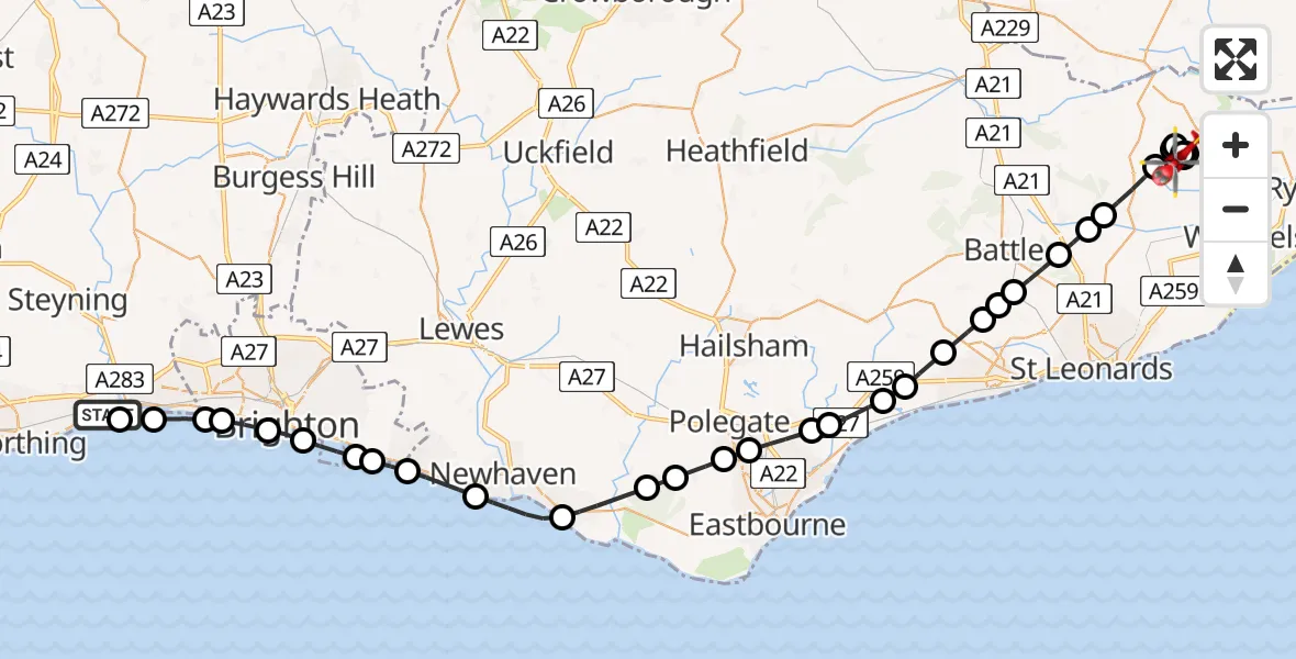 Flight route Air Ambulance Helicopter Brighton City Airport - Rother, 20 May 2026, 10:02