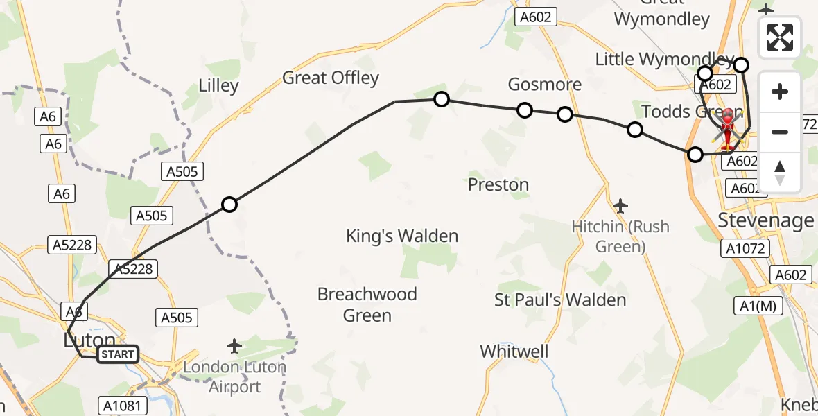 Flight route Air Ambulance Helicopter Luton - Stevenage, 20 May 2026, 10:05