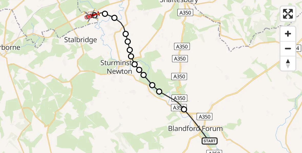 Flight route Air Ambulance Helicopter Blandford Forum - Henstridge Airfield, 20 May 2026, 10:06