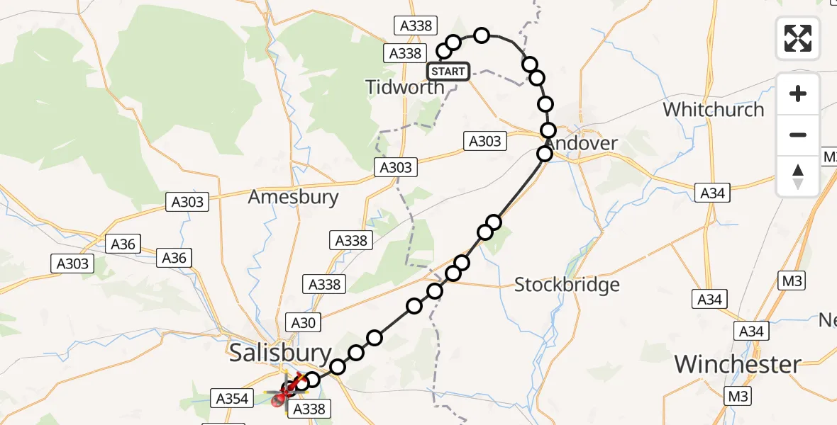Flight route Air Ambulance Helicopter Ludgershall - Salisbury District Hospital, 20 May 2026, 10:14