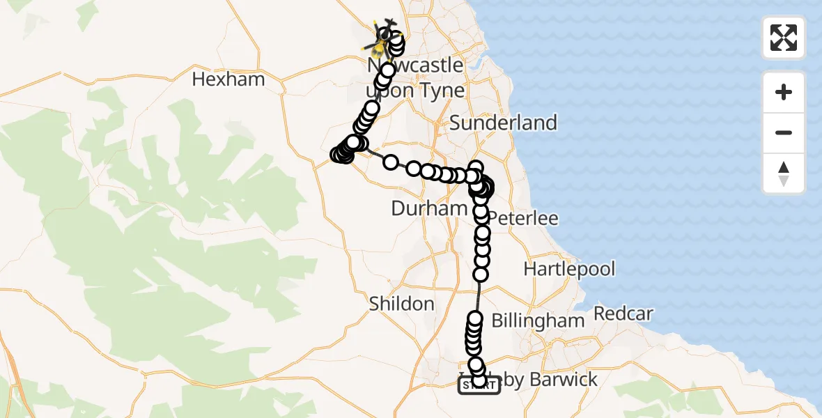 Flight route Police Helicopter Middleton One Row - Woolsington, 20 May 2026, 10:15