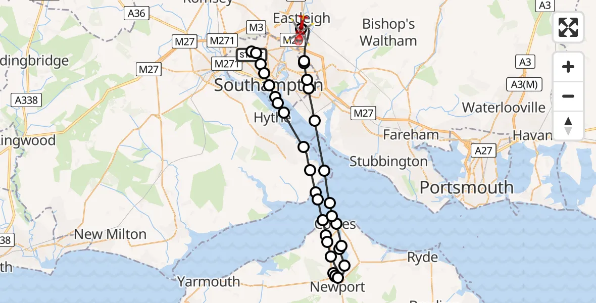 Flight route Air Ambulance Helicopter University Hospital Southampton - Southampton Airport, 20 May 2026, 10:22