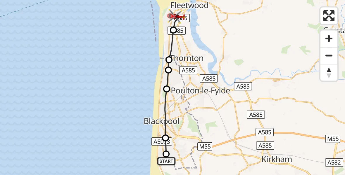 Flight route Air Ambulance Helicopter Blackpool Airport - Fleetwood, 20 May 2026, 10:31