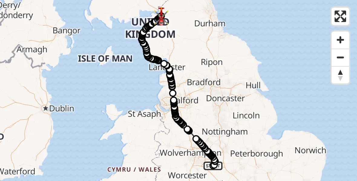 Flight route Air Ambulance Helicopter Coventry Airport - Carlisle General, 20 May 2026, 10:35