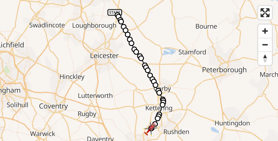 Flight route Air Ambulance Helicopter Willoughby on the Wolds - Sywell Aerodrome, 20 May 2026, 10:37
