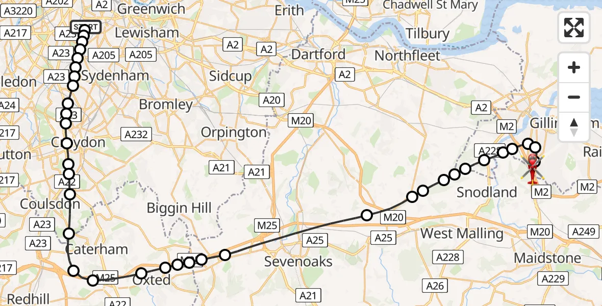 Flight route Air Ambulance Helicopter Kings College London Hospital - Rochester Airport, 20 May 2026, 10:37