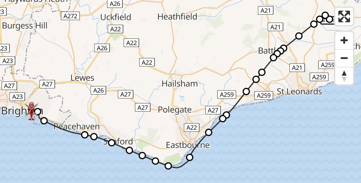 Flight route Air Ambulance Helicopter Beckley - Brighton, 20 May 2026, 10:50