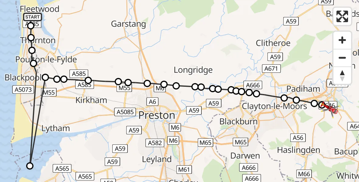 Flight route Air Ambulance Helicopter Fleetwood - Burnley, 20 May 2026, 10:54