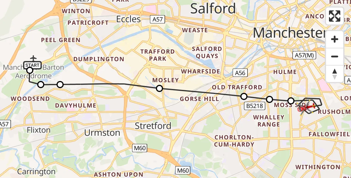 Flight route Air Ambulance Helicopter Manchester Barton Aerodrome - Moss Side, 20 May 2026, 10:57