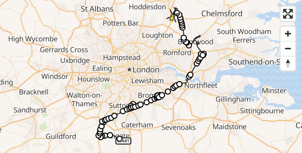 Flight route Police Helicopter Redhill - North Weald Airfield, 20 May 2026, 10:58