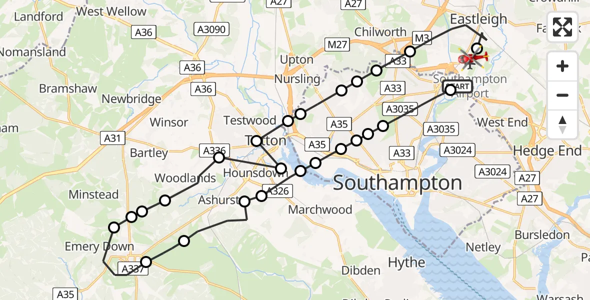Flight route Air Ambulance Helicopter Southampton Airport - Southampton Airport, 20 May 2026, 11:01