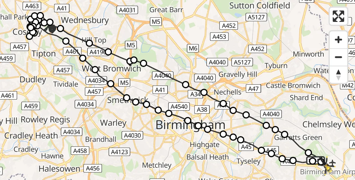 Flight route Police Helicopter Birmingham Airport - Birmingham Airport, 20 May 2026, 11:02