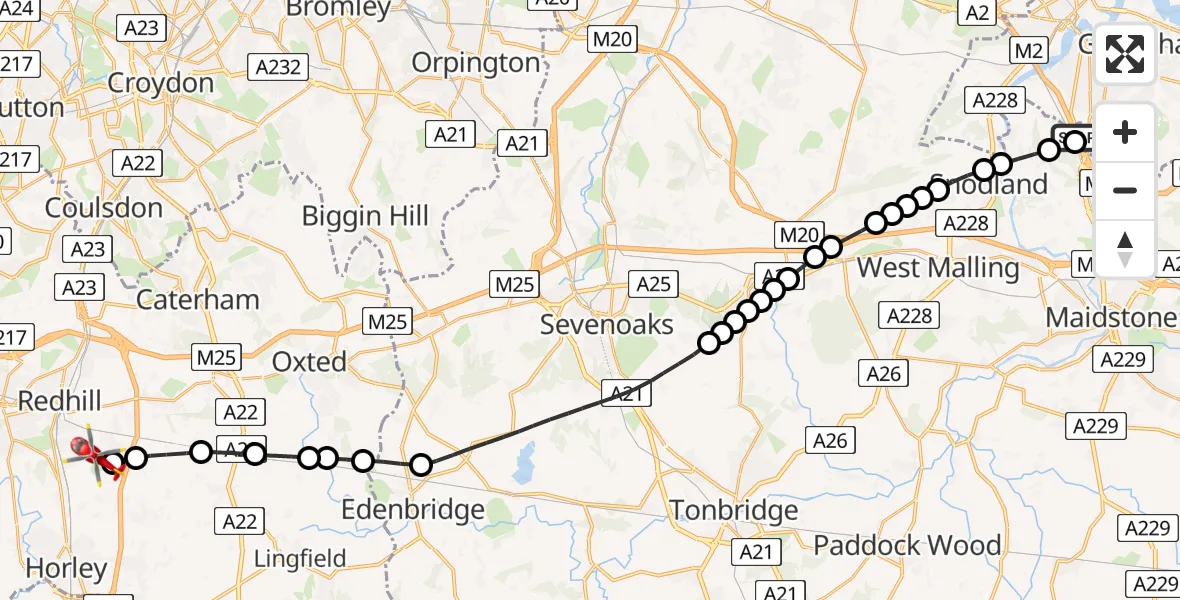 Flight route Air Ambulance Helicopter Rochester Airport - Redhill Aerodrome, 20 May 2026, 11:08