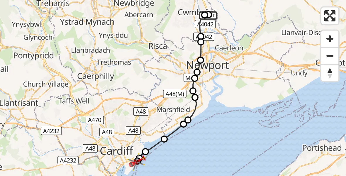 Flight route Air Ambulance Helicopter Grange University Hospital Heliport - Cardiff Heliport, 20 May 2026, 11:10