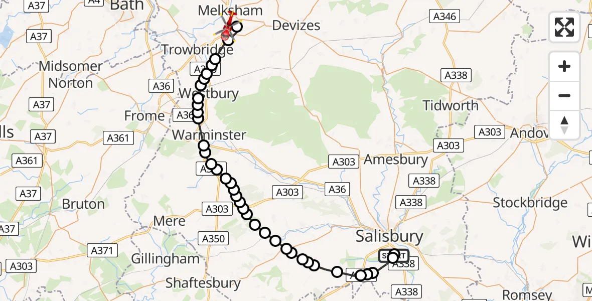 Flight route Air Ambulance Helicopter Salisbury District Hospital - Melksham, 20 May 2026, 11:19
