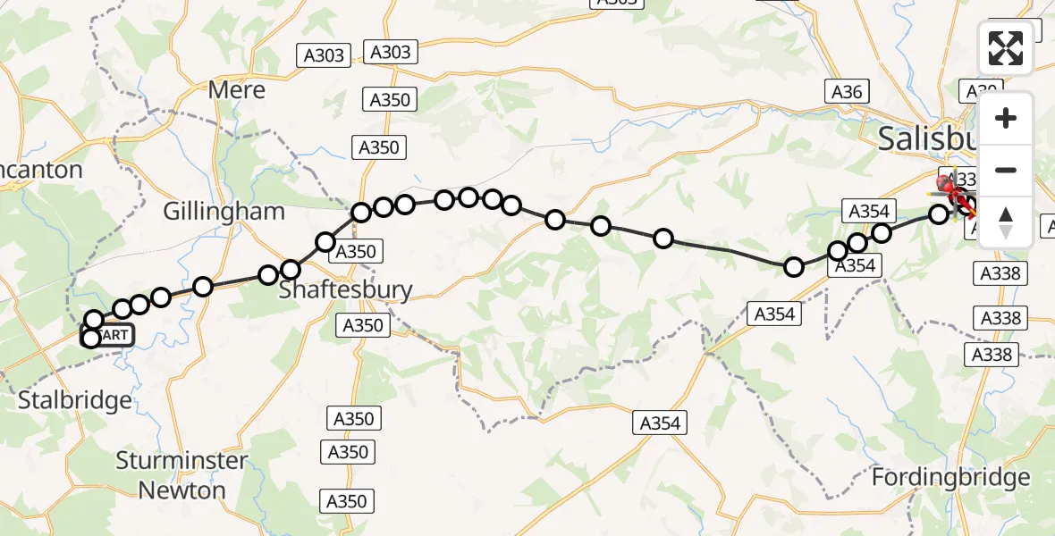 Flight route Air Ambulance Helicopter Henstridge Airfield - Salisbury District Hospital, 20 May 2026, 11:21