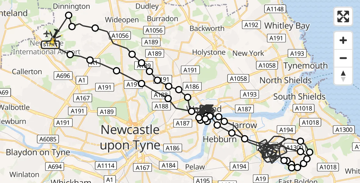 Flight route Police Helicopter Newcastle International Airport - Newcastle International Airport, 20 May 2026, 11:32