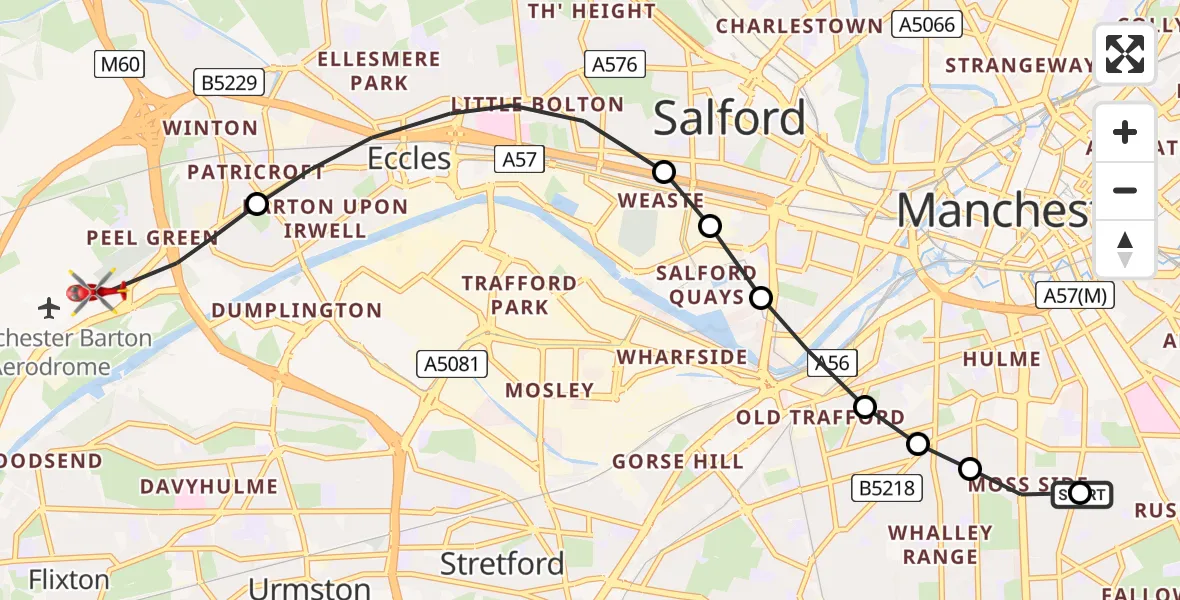 Flight route Air Ambulance Helicopter Moss Side - Irlam, 20 May 2026, 11:34