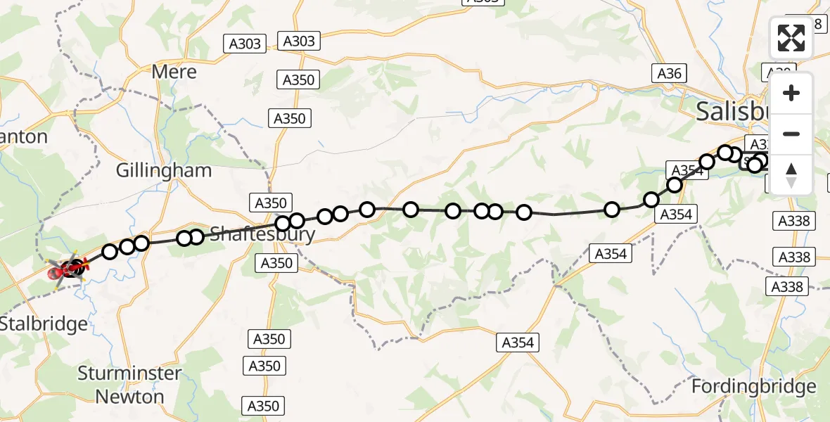 Flight route Air Ambulance Helicopter Salisbury District Hospital - Henstridge Airfield, 20 May 2026, 11:36