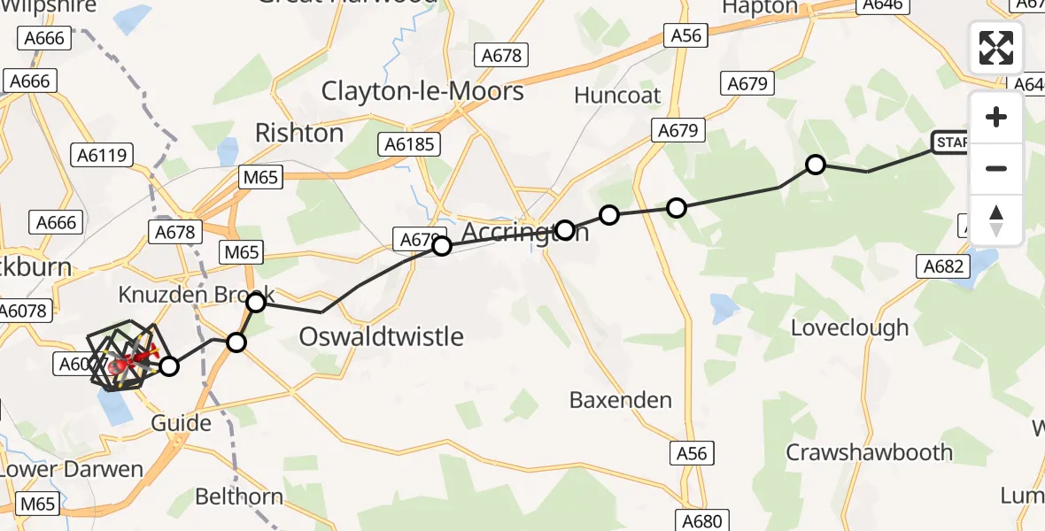 Flight route Air Ambulance Helicopter Burnley - Blackburn, 20 May 2026, 11:42
