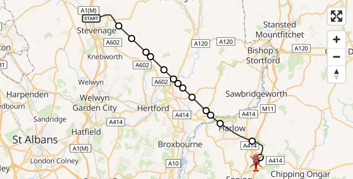 Flight route Air Ambulance Helicopter Stevenage - North Weald Airfield, 20 May 2026, 11:51