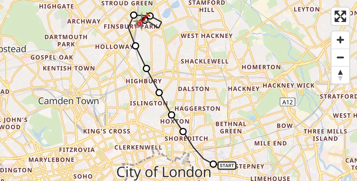 Flight route Air Ambulance Helicopter Royal London Hospital - Finsbury Park, 20 May 2026, 11:54