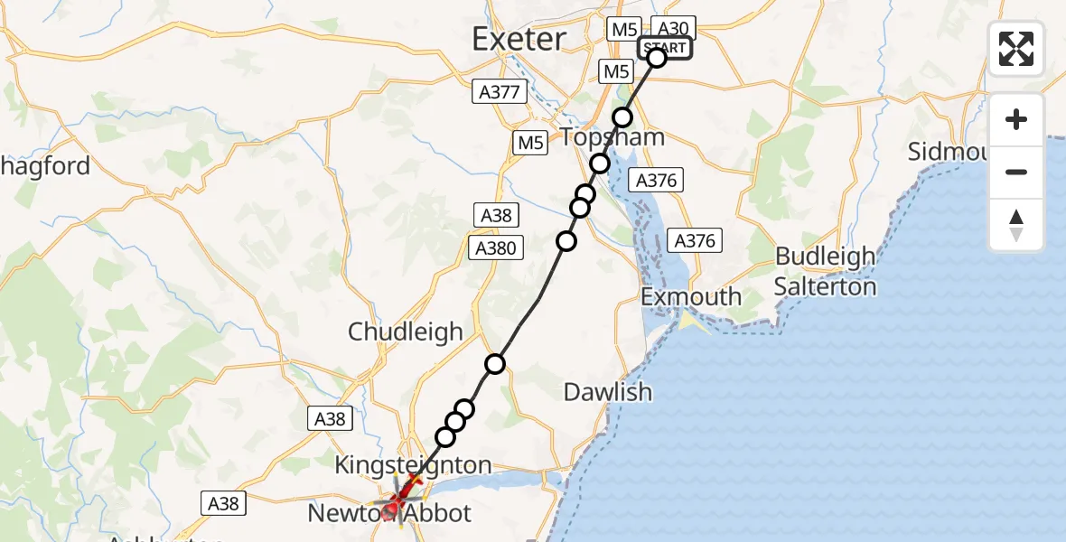 Flight route Air Ambulance Helicopter Clyst Honiton - Teignbridge, 20 May 2026, 12:06