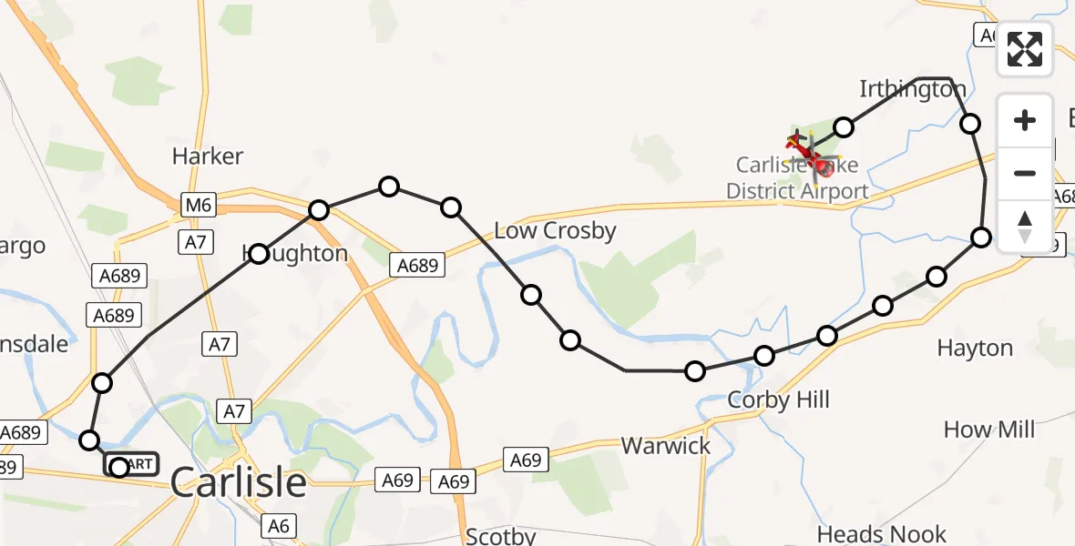 Flight route Air Ambulance Helicopter Carlisle General - Carlisle Lake District Airport, 20 May 2026, 12:34
