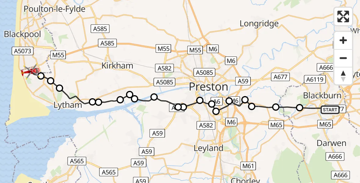 Flight route Air Ambulance Helicopter Blackburn - Blackpool Airport, 20 May 2026, 12:38