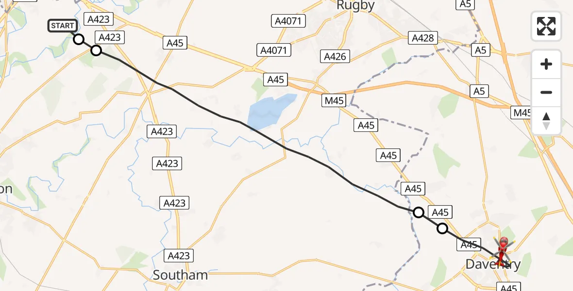Flight route Air Ambulance Helicopter Coventry Airport - Daventry, 20 May 2026, 12:48