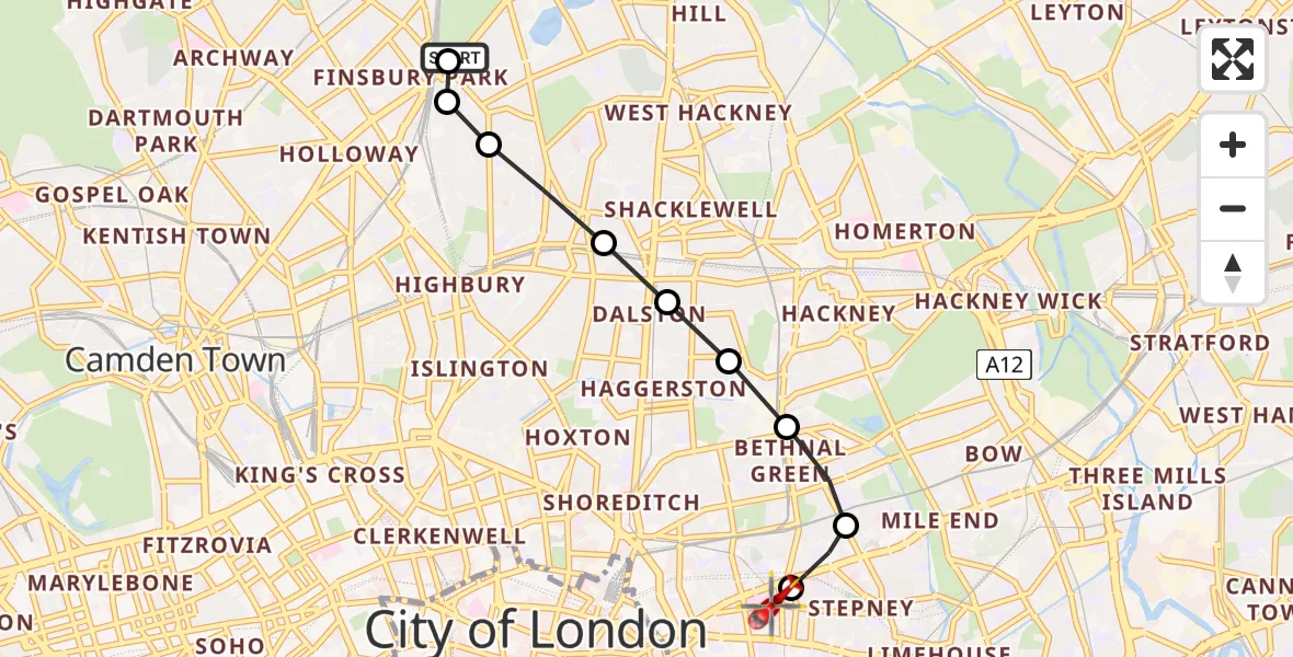 Flight route Air Ambulance Helicopter Stoke Newington - Royal London Hospital, 20 May 2026, 12:49