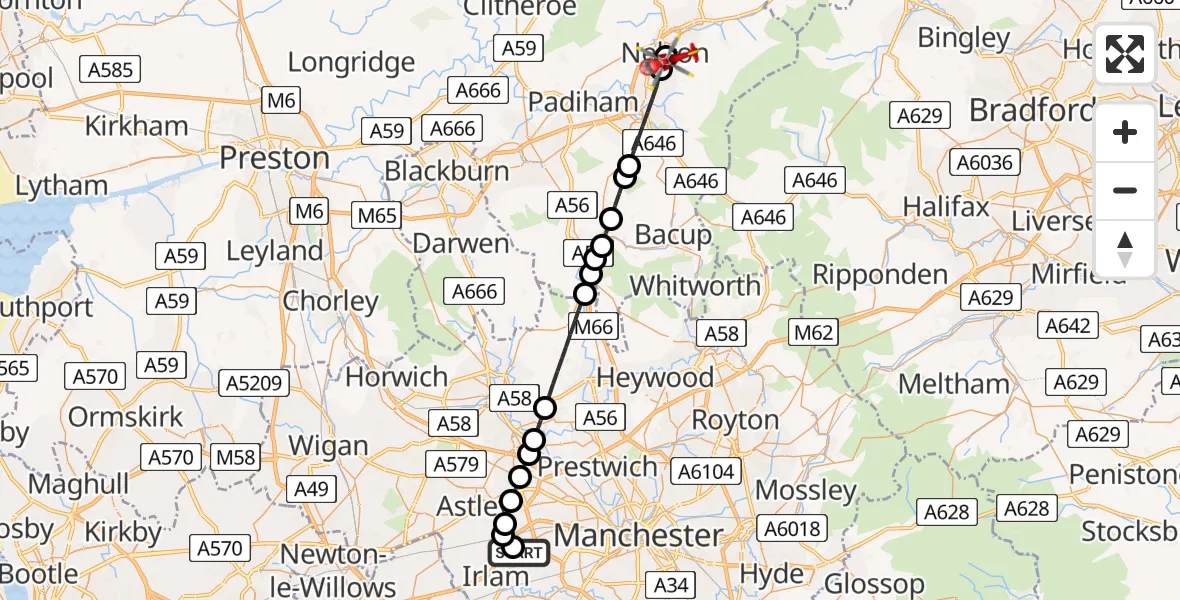 Flight route Air Ambulance Helicopter Manchester Barton Aerodrome - Nelson, 20 May 2026, 12:50