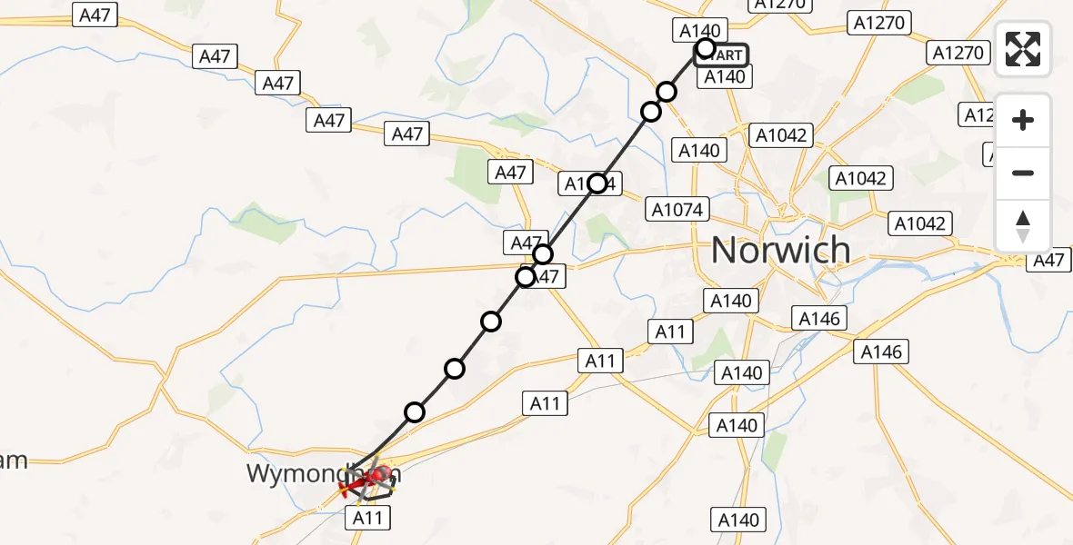 Flight route Air Ambulance Helicopter Norwich Airport - Wymondham, 20 May 2026, 12:56
