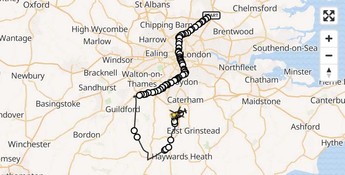 Flight route Police Helicopter Epping - Tandridge, 20 May 2026, 13:04