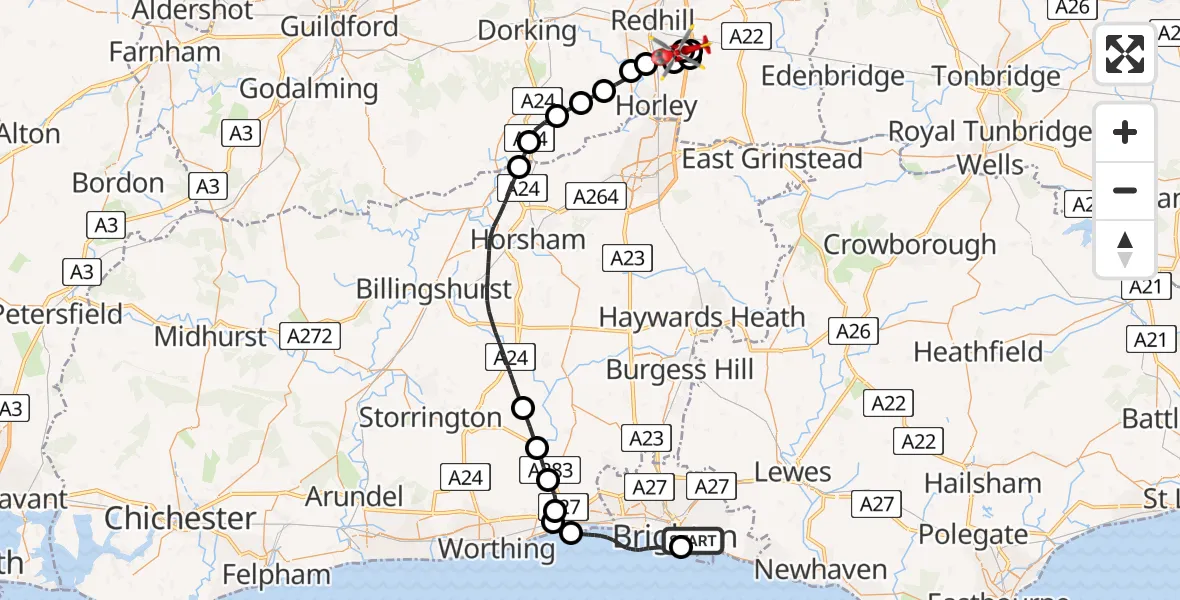 Flight route Air Ambulance Helicopter Brighton - Tandridge, 20 May 2026, 13:08