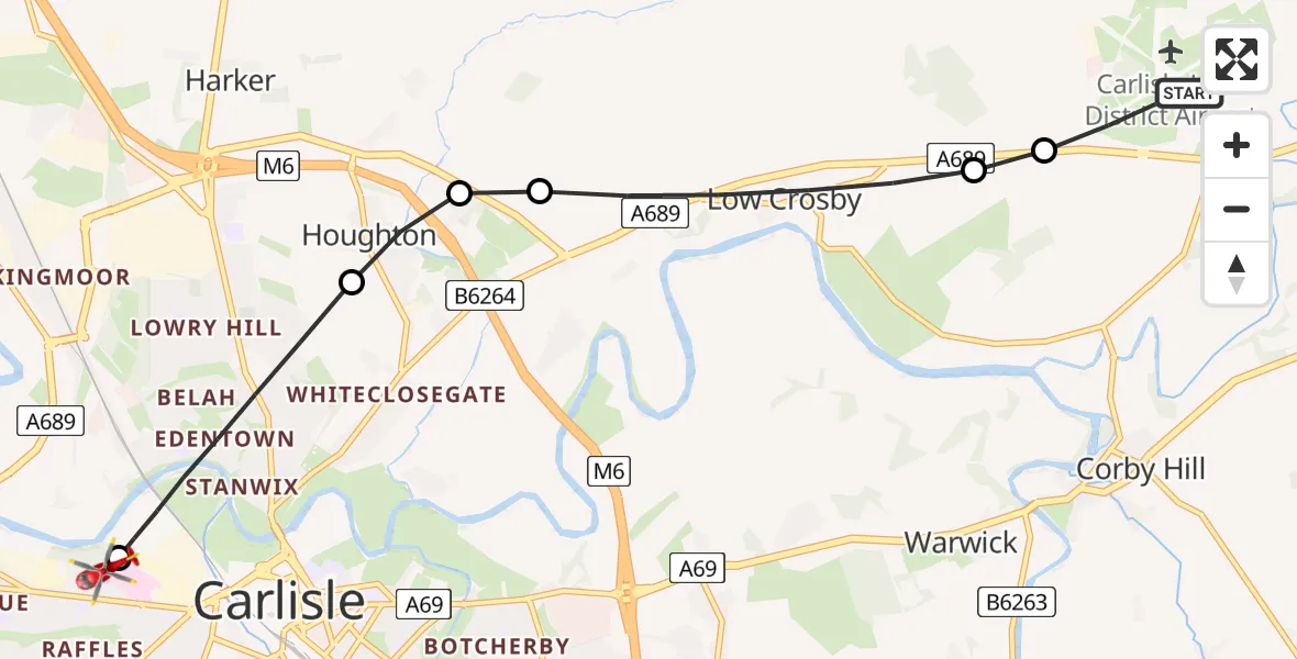 Flight route Air Ambulance Helicopter Carlisle Lake District Airport - Carlisle General, 20 May 2026, 13:12