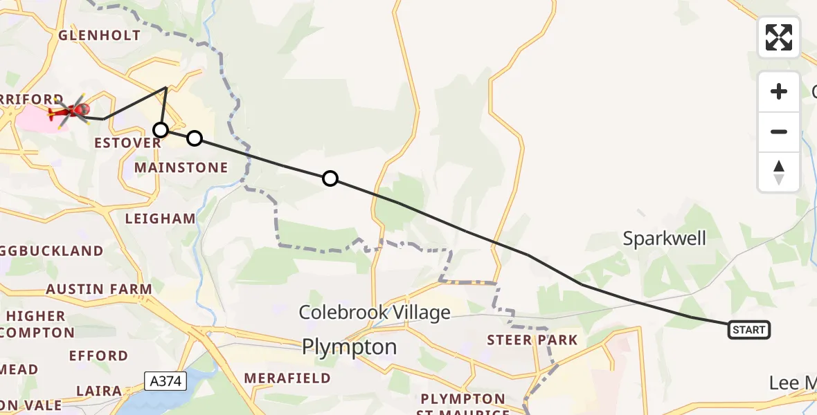Flight route Air Ambulance Helicopter Sparkwell - Estover, 20 May 2026, 13:14