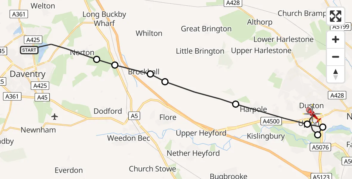Flight route Air Ambulance Helicopter Daventry - Duston, 20 May 2026, 13:35