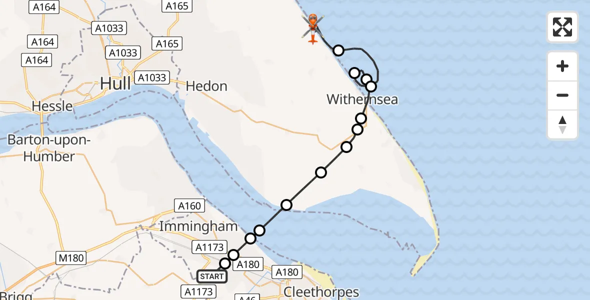 Flight route Coastguard Helicopter Healing - Roos, 20 May 2026, 13:45