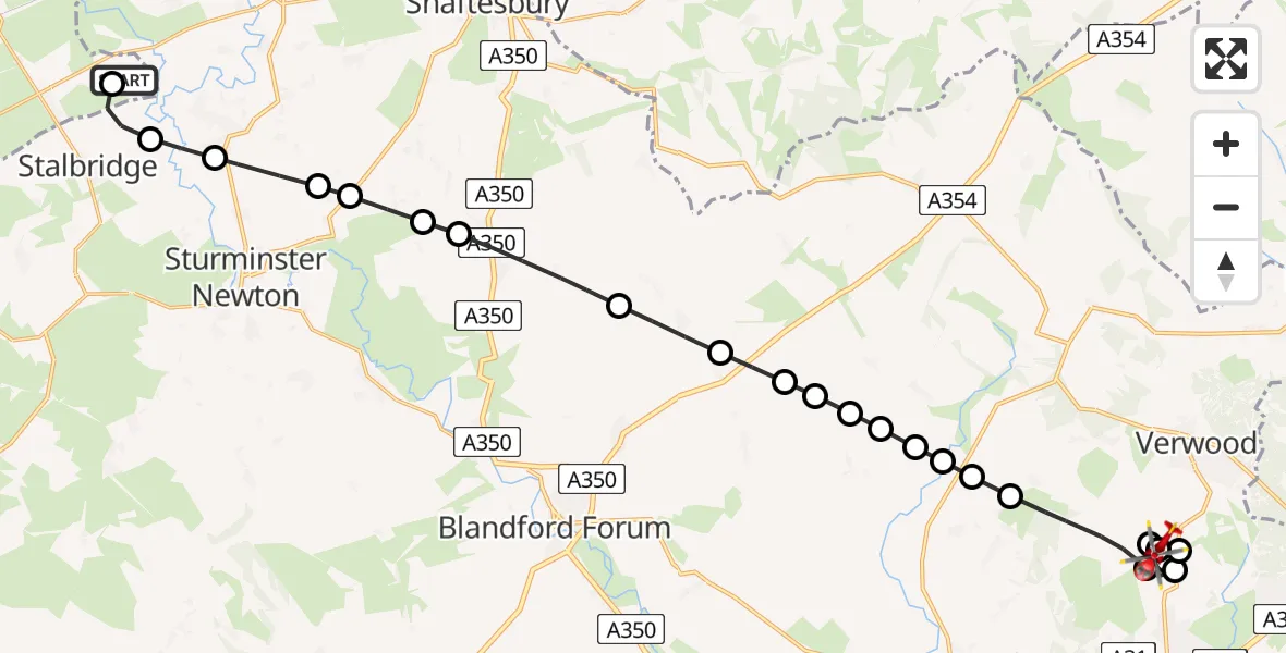 Flight route Air Ambulance Helicopter Henstridge Airfield - Three Legged Cross, 20 May 2026, 13:45
