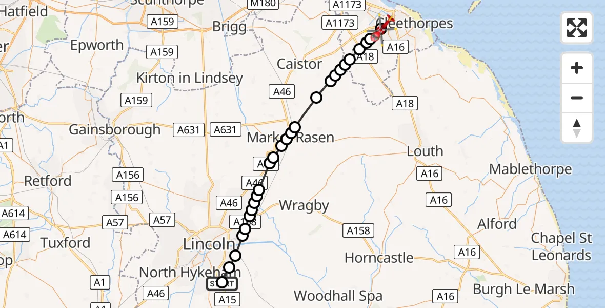 Flight route Air Ambulance Helicopter RAF Waddington - Grimsby, 20 May 2026, 13:56
