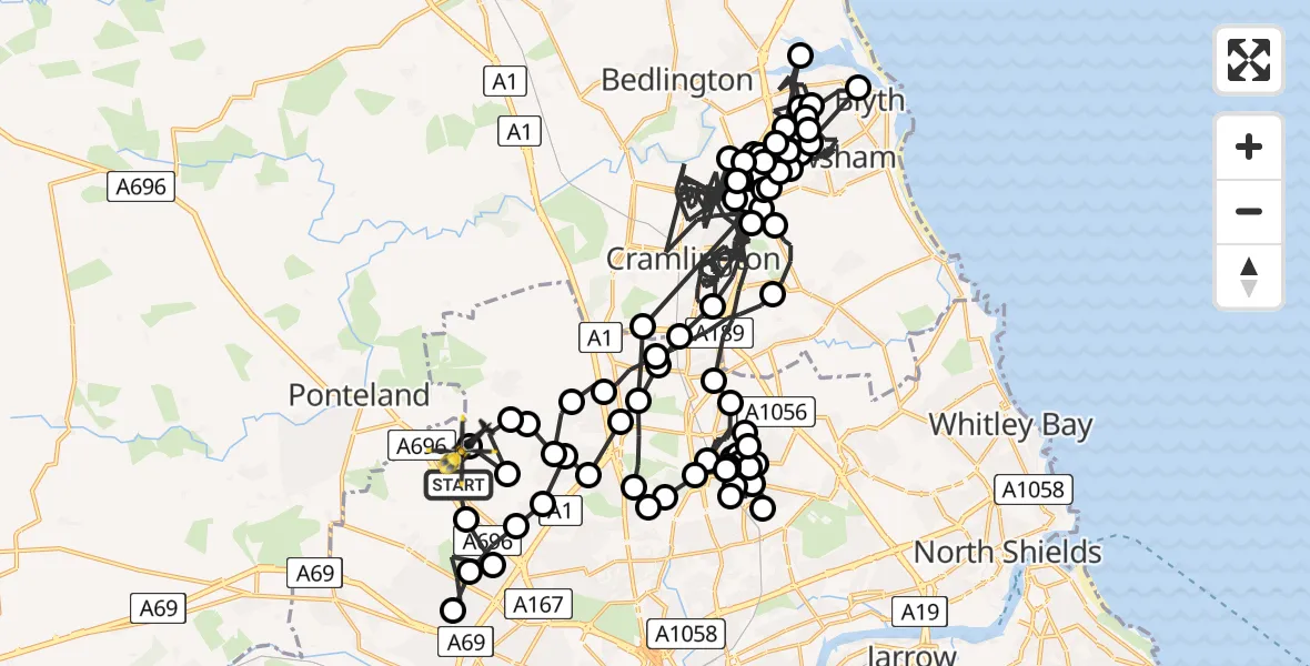 Flight route Police Helicopter Woolsington - Newcastle International Airport, 20 May 2026, 14:00