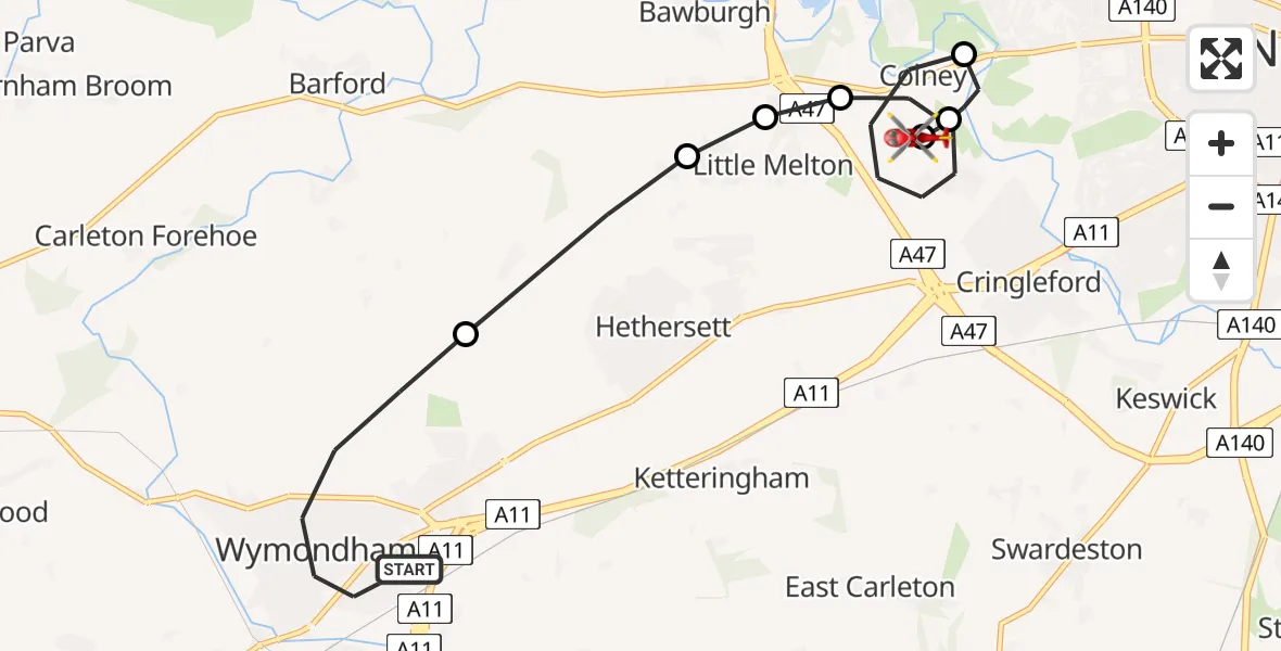 Flight route Air Ambulance Helicopter Wymondham - Norfolk & Norwich Hospital, 20 May 2026, 14:05